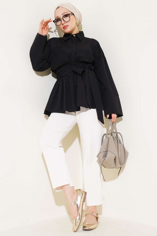 Kuşak Büzgülü Yarım Düğmeli Tunik Siyah