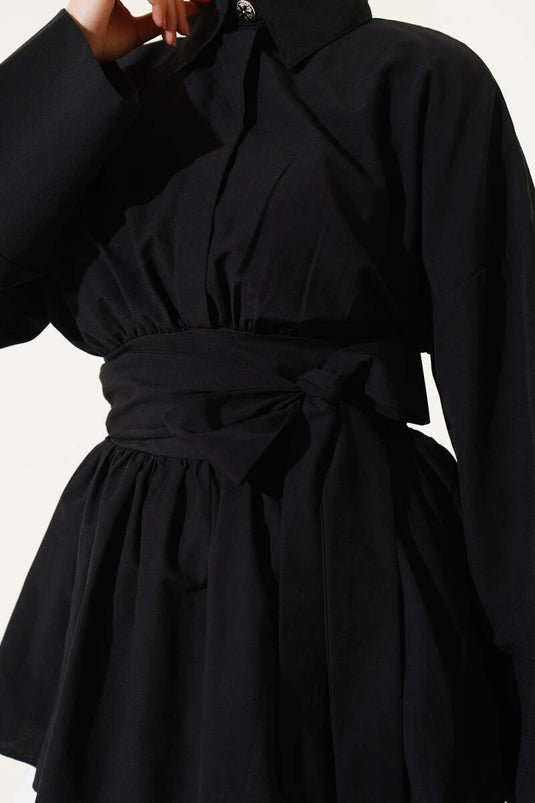 Kuşak Büzgülü Yarım Düğmeli Tunik Siyah