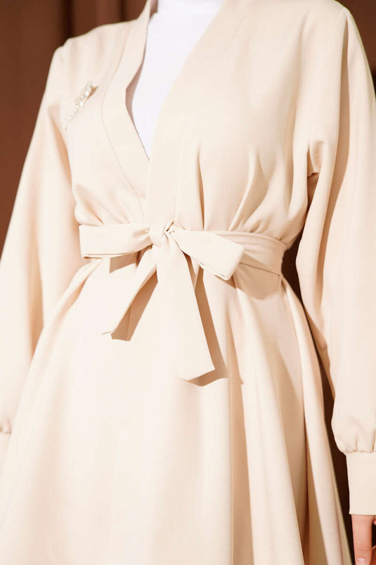 Kuşak Detaylı İkili Takım Bej