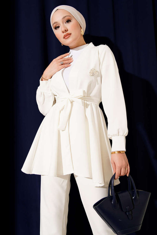 Kuşak Detaylı İkili Takım Ekru