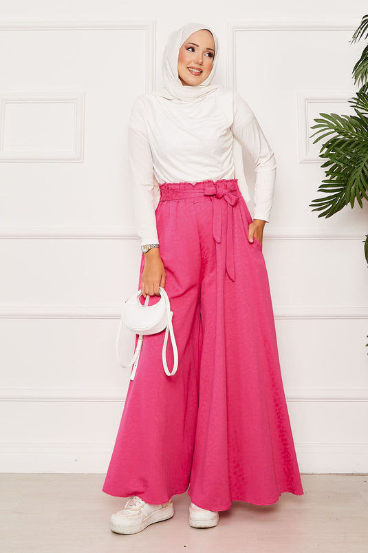 Kuşak Detaylı Jakar Etek Pantolon Fuşya