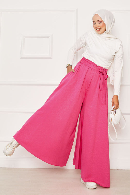 Kuşak Detaylı Jakar Etek Pantolon Fuşya
