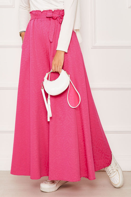 Kuşak Detaylı Jakar Etek Pantolon Fuşya