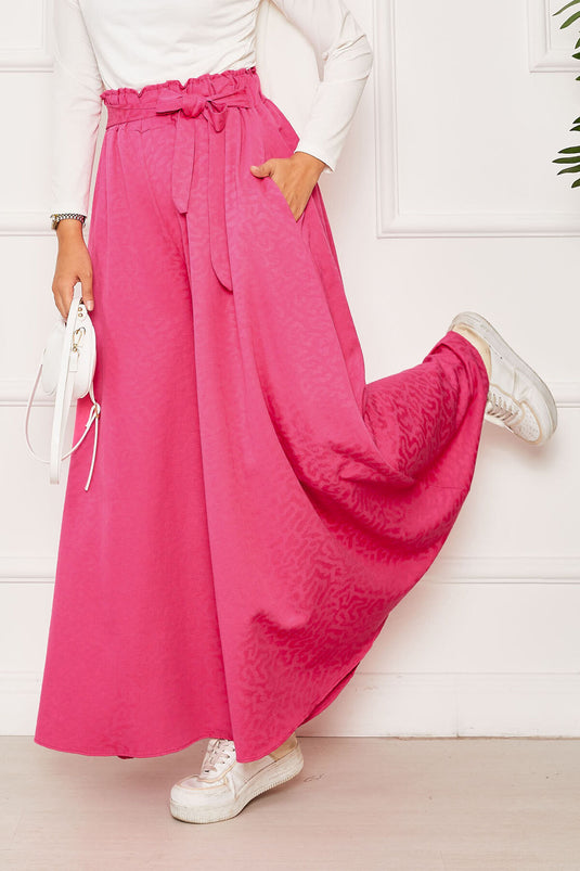 Kuşak Detaylı Jakar Etek Pantolon Fuşya