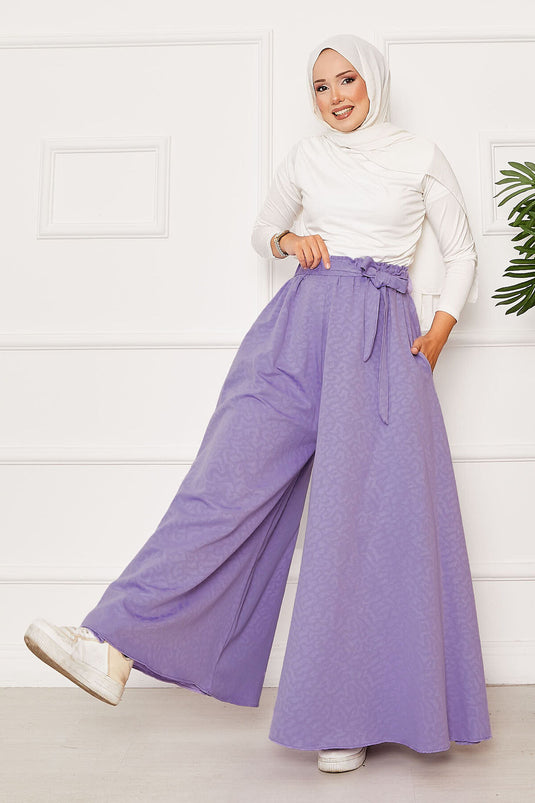 Kuşak Detaylı Jakar Etek Pantolon Lila