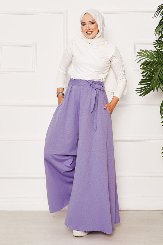 Kuşak Detaylı Jakar Etek Pantolon Lila