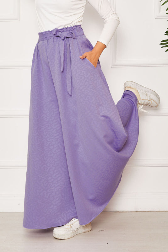 Kuşak Detaylı Jakar Etek Pantolon Lila