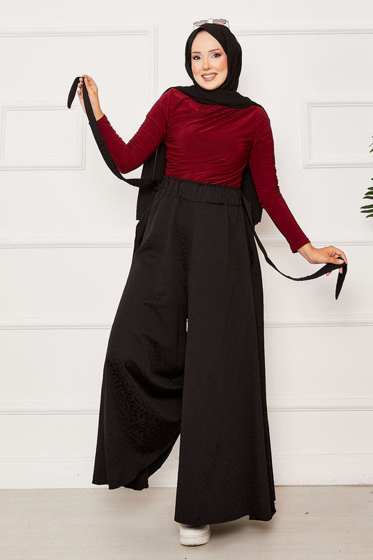 Kuşak Detaylı Jakar Etek Pantolon Siyah