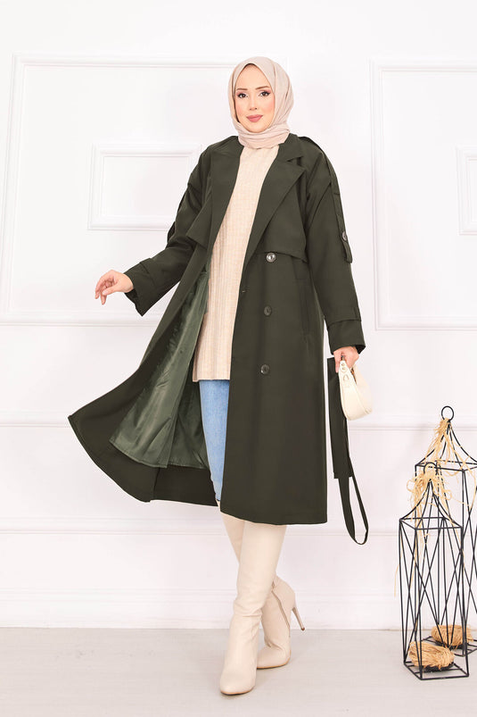 Trench-coat kaki à épaulettes et ceinture