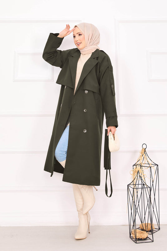 Trench-coat kaki à épaulettes et ceinture