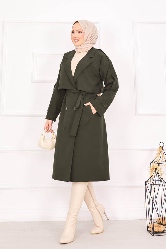 Trench-coat kaki à épaulettes et ceinture