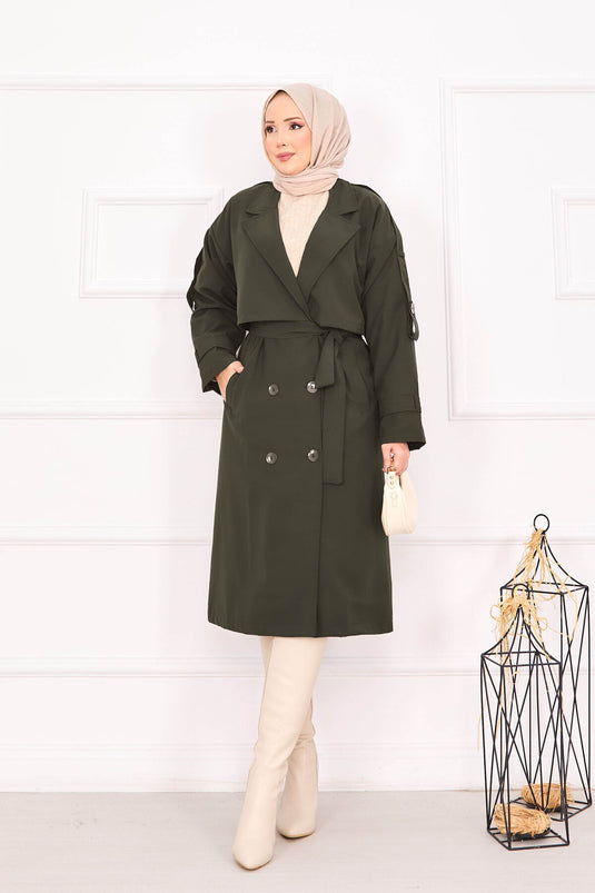 Trench-coat kaki à épaulettes et ceinture