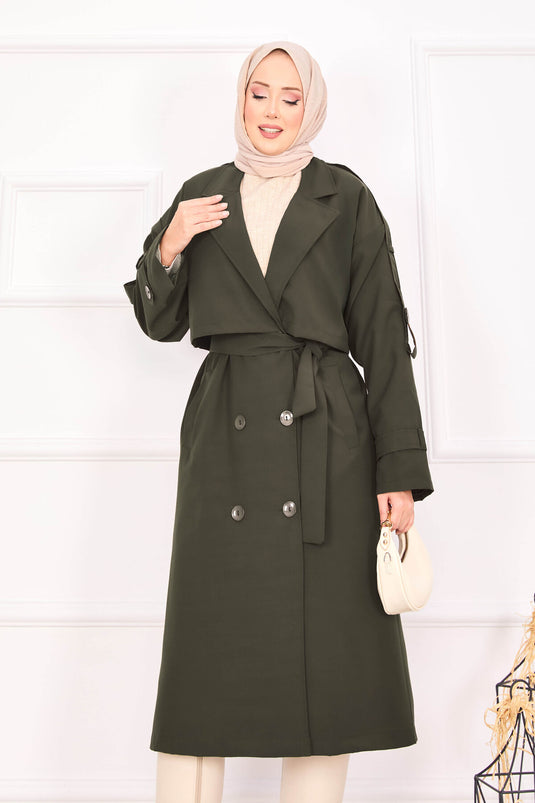 Trench-coat kaki à épaulettes et ceinture