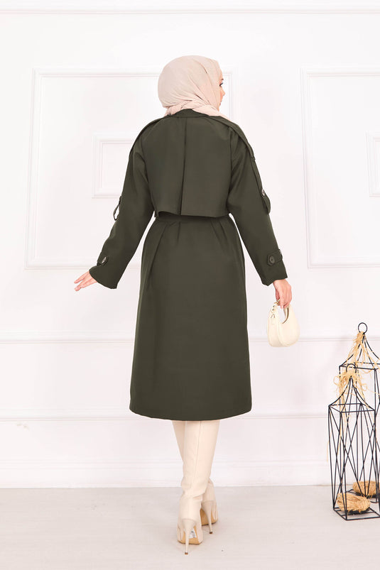 Trench-coat kaki à épaulettes et ceinture