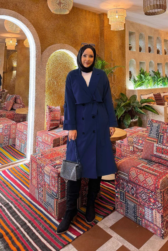 Trench Coat Con Spalline E Cintura Blu Navy