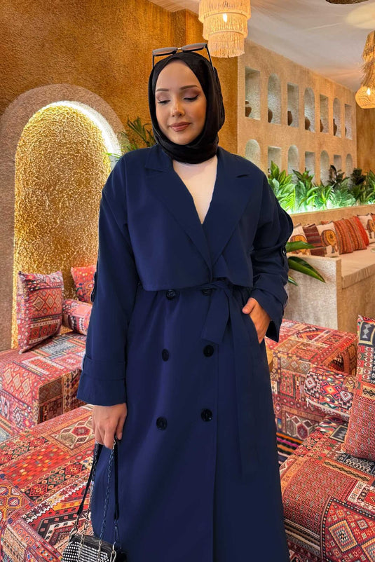 معطف ترنش مع أكتاف وتفاصيل حزام، أزرق داكن