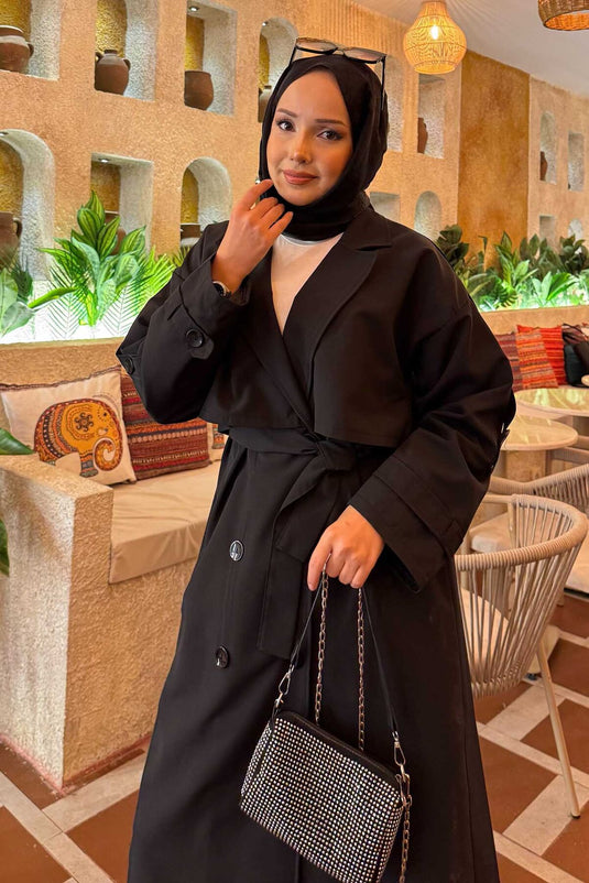 Trench-coat noir à ceinture et épaulettes détaillées