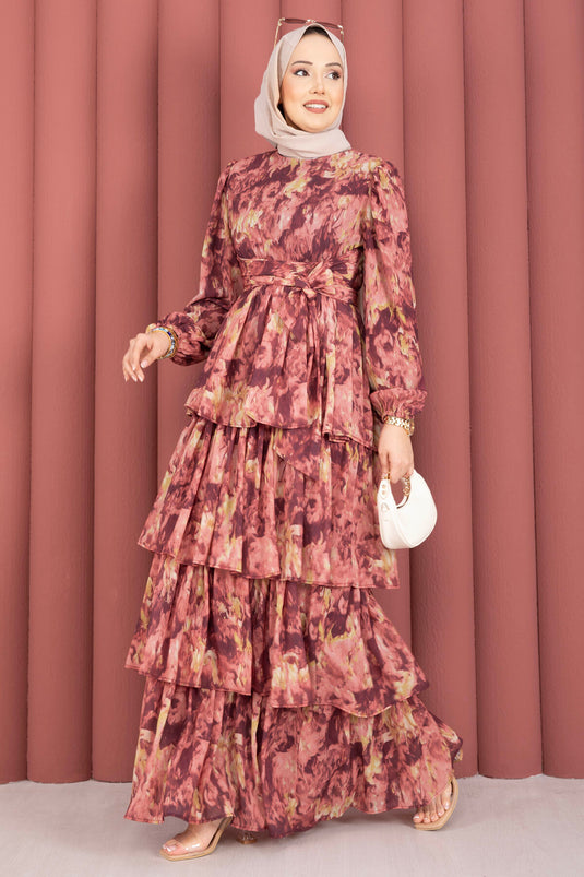 Yoryo Chiffon Dress with Belt Detail in Burgundy