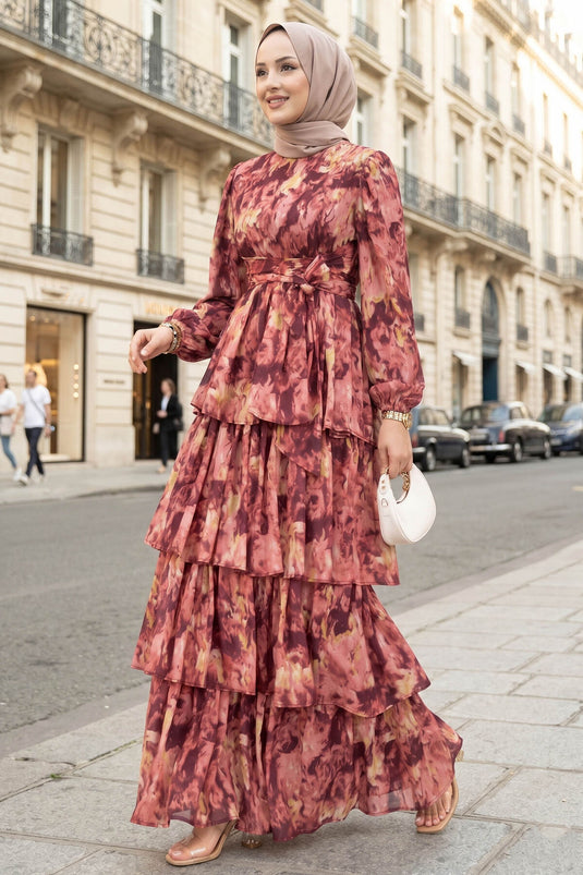 Yoryo Chiffon Dress with Belt Detail in Burgundy