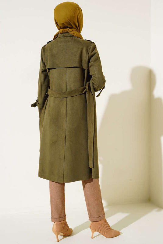 معطف واق من المطر من جلد الغزال العربي بحزام كاكي