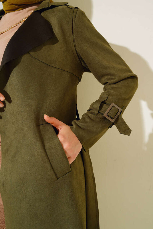 معطف واق من المطر من جلد الغزال العربي بحزام كاكي