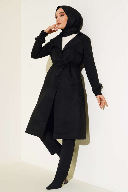 Trench-coat en daim noir Arabboy ceinturé