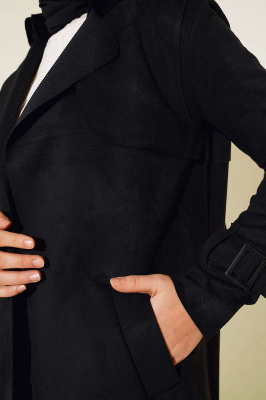 Kuşaklı Araboy Süet Trençkot Siyah