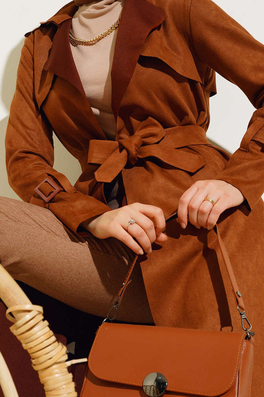 Belted Suede Trench Coat Tan