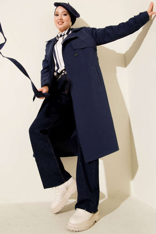 Belted Araboy Trench Coat, Navy Blue