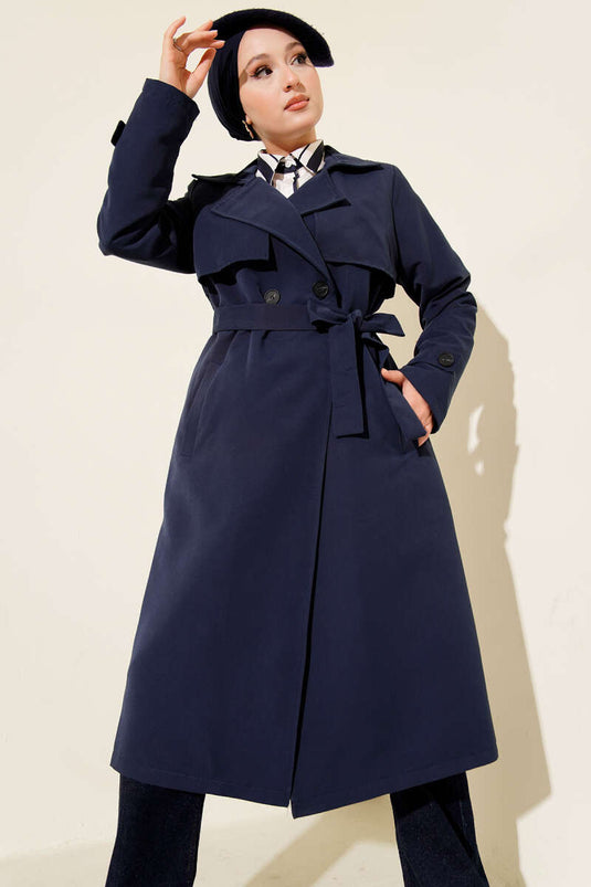Belted Araboy Trench Coat, Navy Blue