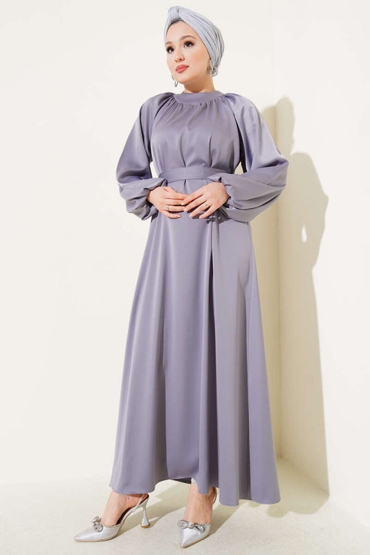 Belted Balloon Sleeve Satin Evening Dress Gray