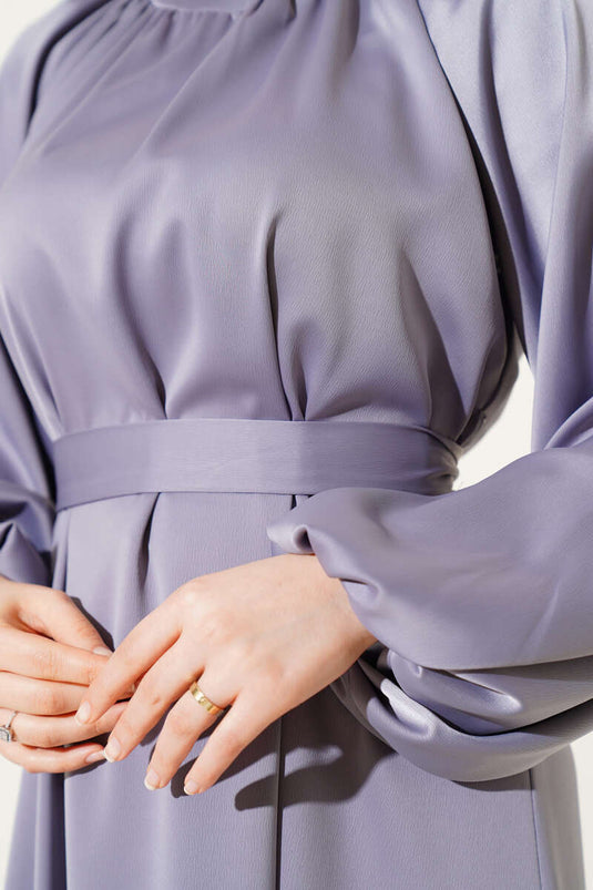 Belted Balloon Sleeve Satin Evening Dress Gray