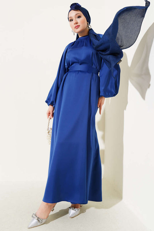 Belted Balloon Sleeve Satin Evening Dress Indigo