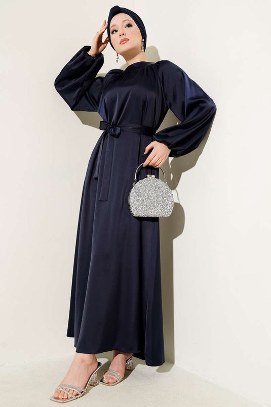 Kuşaklı Balon Kol Saten Abiye Elbise Lacivert