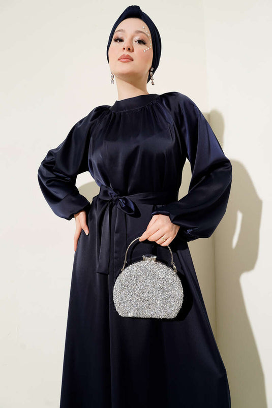 Kuşaklı Balon Kol Saten Abiye Elbise Lacivert