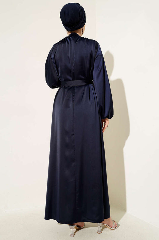 Kuşaklı Balon Kol Saten Abiye Elbise Lacivert