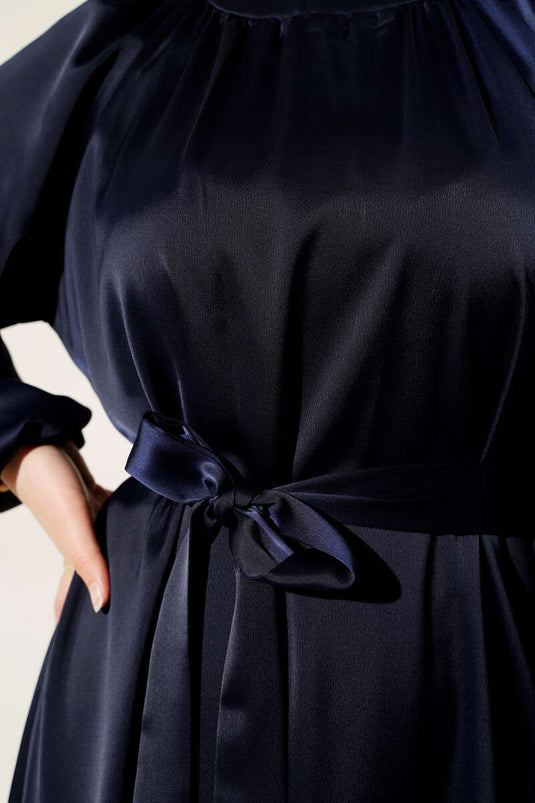 Kuşaklı Balon Kol Saten Abiye Elbise Lacivert