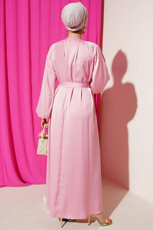 Kuşaklı Balon Kol Saten Abiye Elbise Pembe