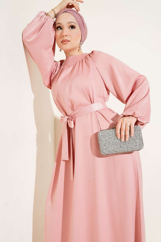 Kuşaklı Balon Kol Saten Abiye Elbise Pudra