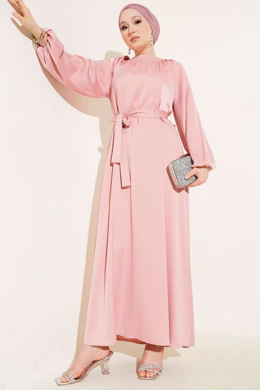 Kuşaklı Balon Kol Saten Abiye Elbise Pudra