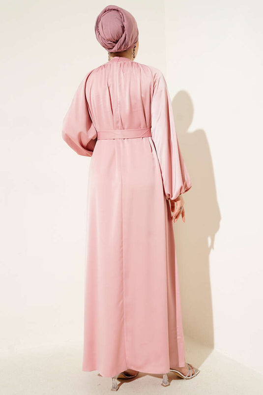 Kuşaklı Balon Kol Saten Abiye Elbise Pudra