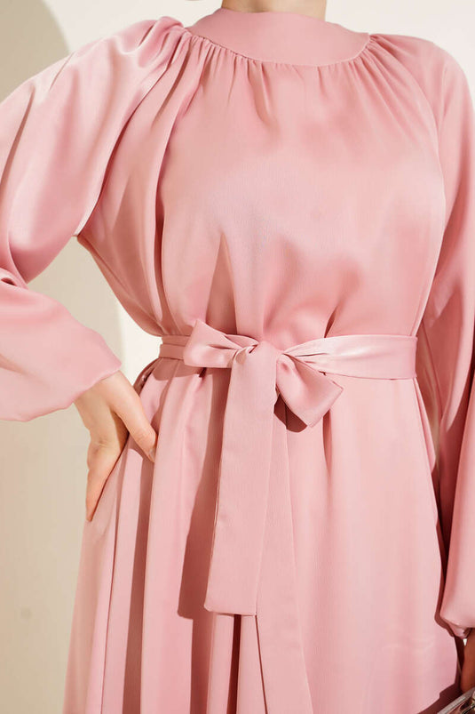 Kuşaklı Balon Kol Saten Abiye Elbise Pudra