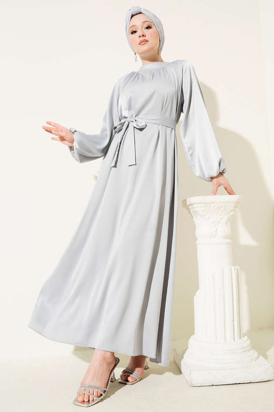 Belted Balloon Sleeve Satin Evening Dress with Stone