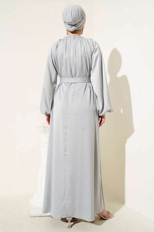 Belted Balloon Sleeve Satin Evening Dress with Stone