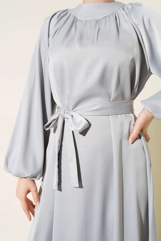 Belted Balloon Sleeve Satin Evening Dress with Stone