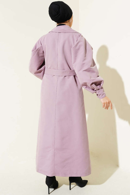 Gabardina larga con cinturón y manga globo Lila