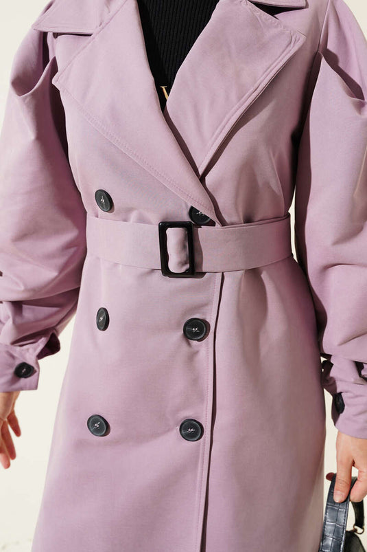 Gabardina larga con cinturón y manga globo Lila