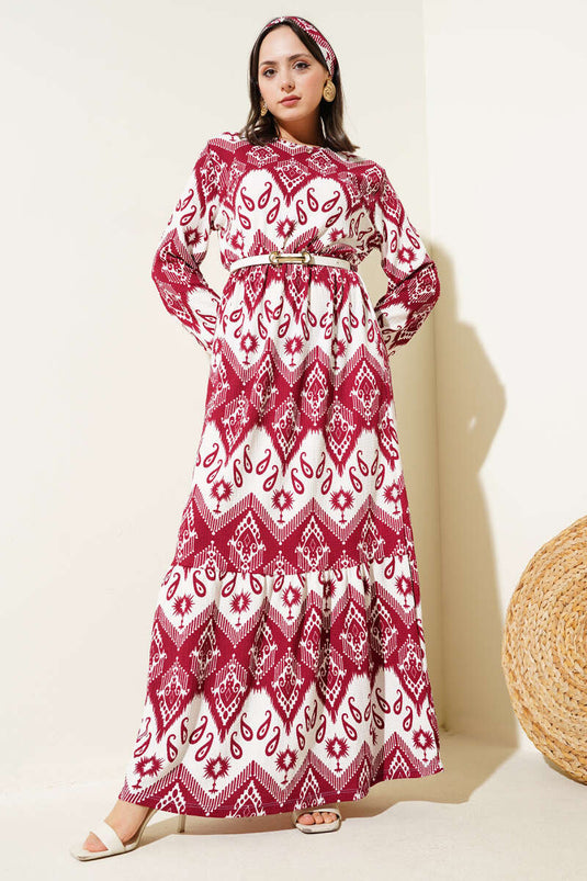 فستان كريب منقوش مطاطي مع حزام خصر - بورجوندي