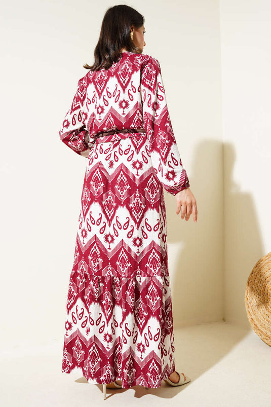 فستان كريب منقوش مطاطي مع حزام خصر - بورجوندي