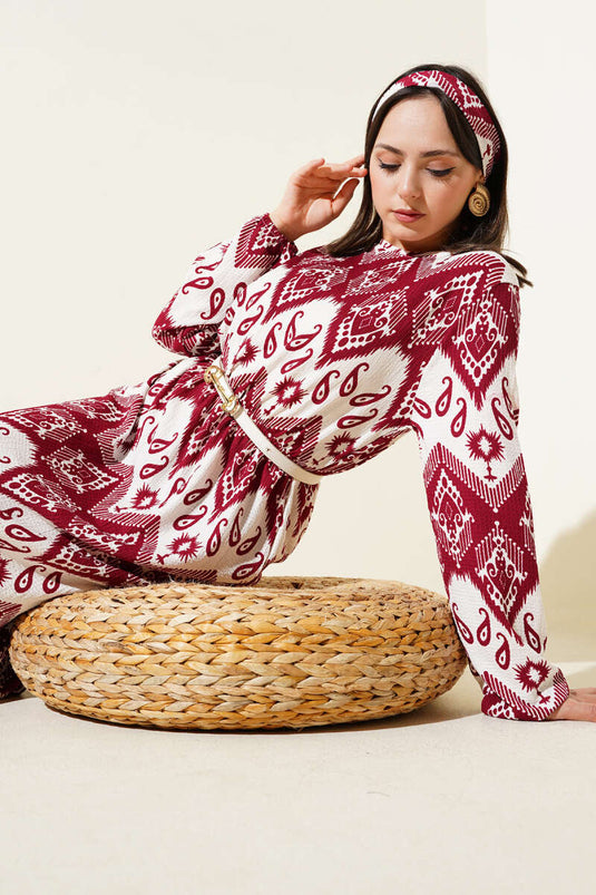 فستان كريب منقوش مطاطي مع حزام خصر - بورجوندي